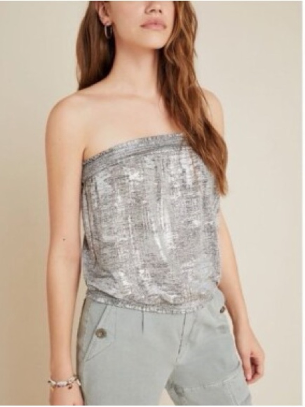 Anthropologie NWT Maiah Maia Silver Tube Top Ruched | Size Large